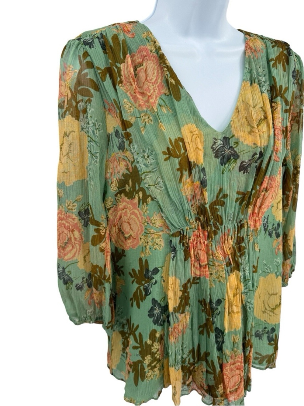 Sundance Sylvan S Sage Green Floral Sheer Crepe Texture Silk Babydoll Blouse EUC